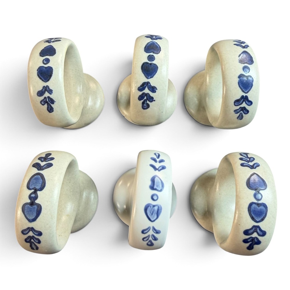 Pfaltzgraff Yorktowne Napkin Rings Set of 6 Blue Heart Stoneware Vintage Ceramic